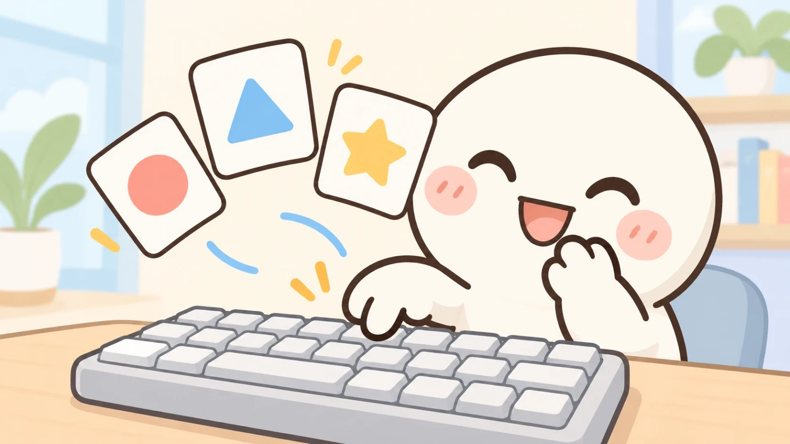笑顔の白いキャラクターがキーボードを打ち、丸や星の図形が浮かぶイラスト